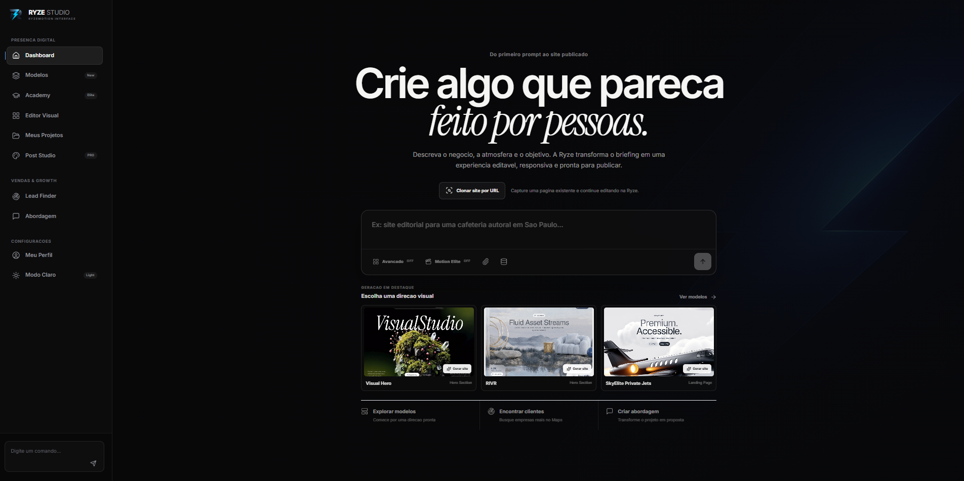 Dashboard principal do Ryze Builder